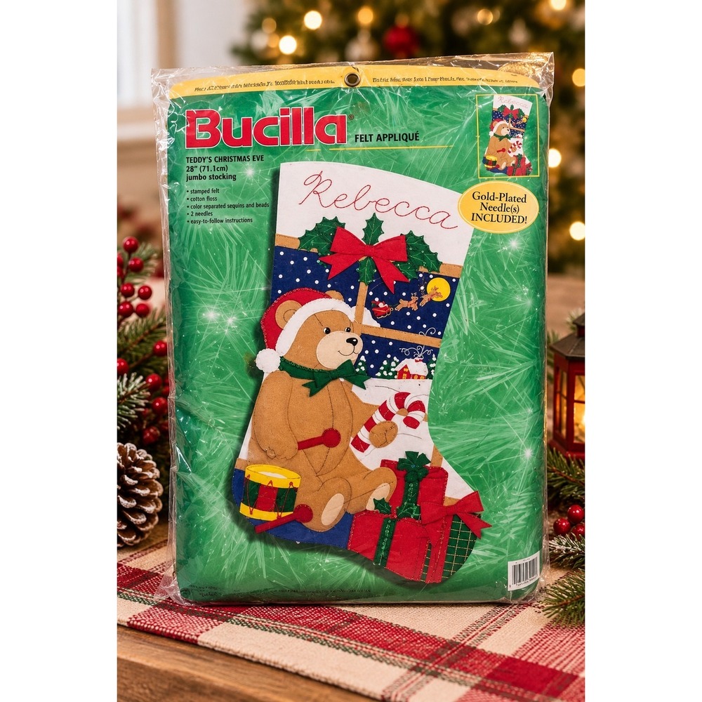 Vtg Bucilla Teddy's Christmas Eve 28" Felt Stocking Kit Christmas Cottagecore